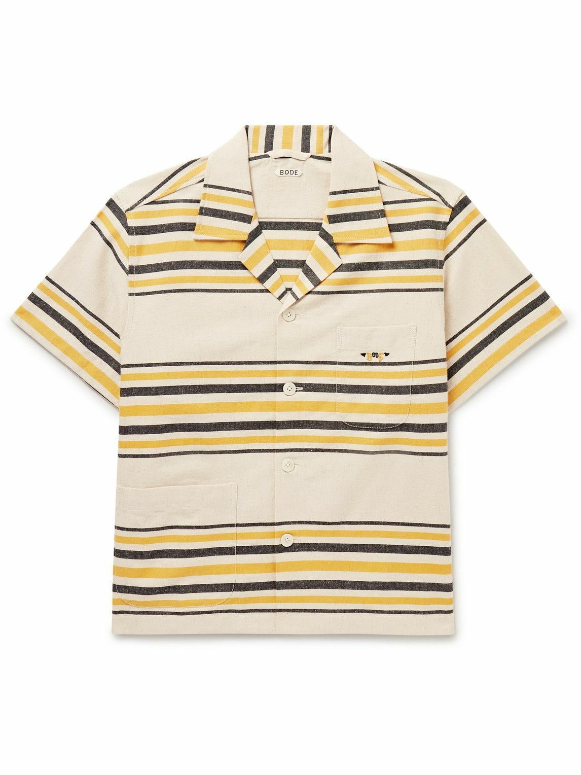 Photo: BODE - Namesake Camp-Collar Logo-Embroidered Striped Cotton Shirt - Yellow
