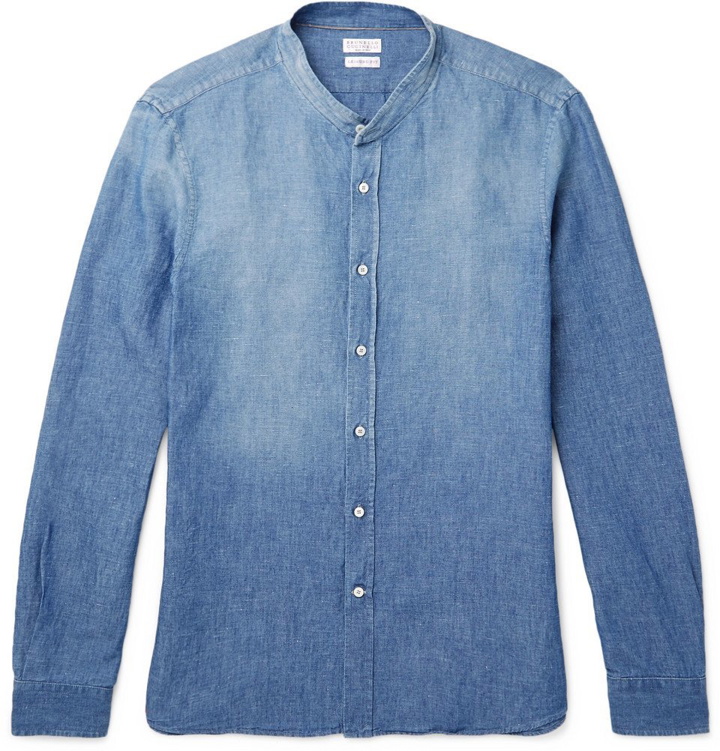 Photo: Brunello Cucinelli - Grandad-Collar Slub Cotton and Linen-Blend Chambray Shirt - Men - Indigo