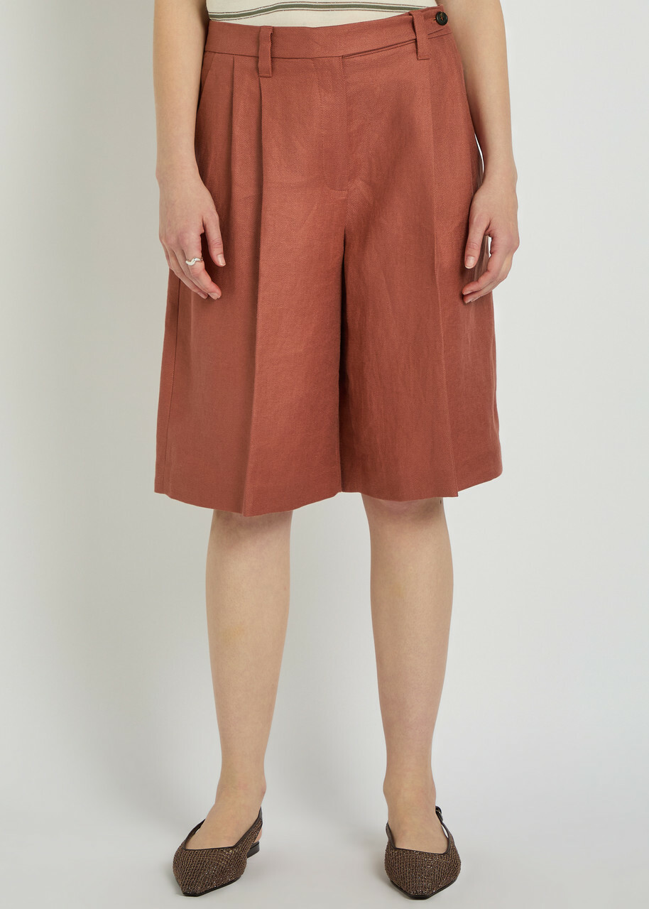 Brunello Cucinelli Bermuda Pleated Linen Shorts Terracotta