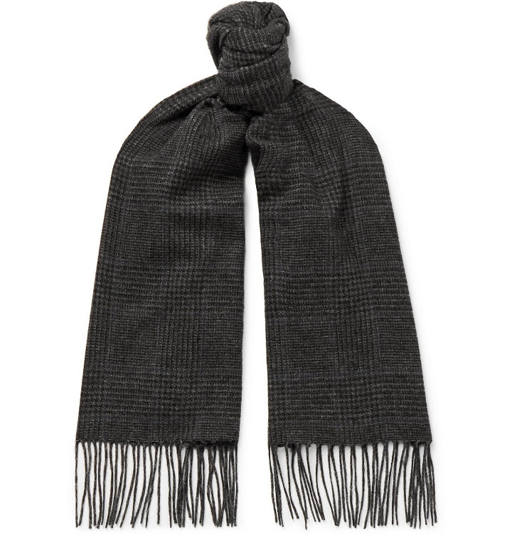Photo: Ralph Lauren Purple Label - Fringed Prince of Wales Checked Camel Hair Scarf - Gray