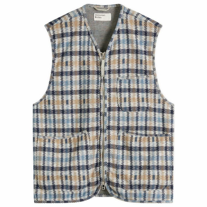 Photo: Universal Works Men's Summer Check Zip Gilet in Brown/Blue