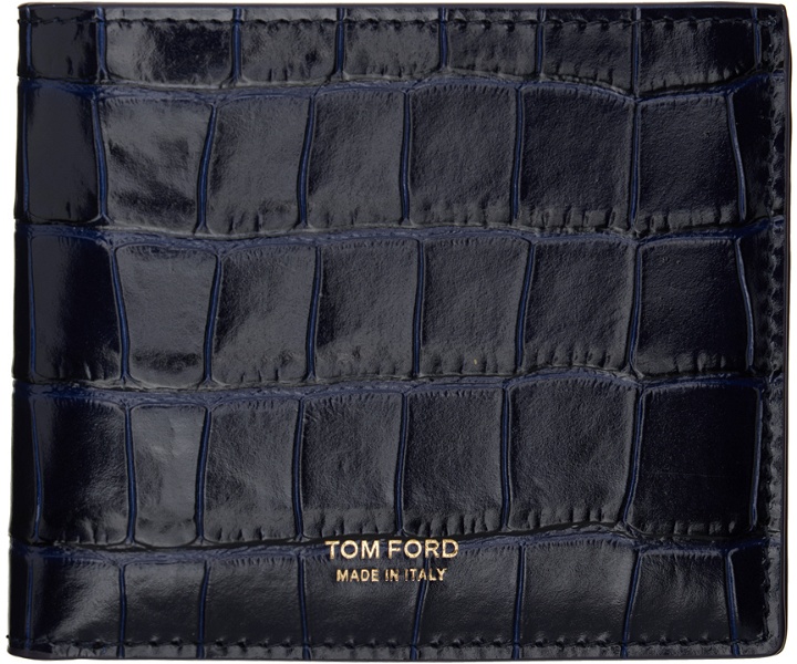 Photo: TOM FORD Blue Glossy Printed Croc Bifold Wallet
