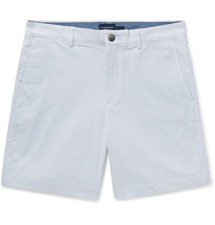 Photo: Club Monaco - Baxter Slim-Fit Pinstriped Cotton-Blend Seersucker Shorts - Light gray