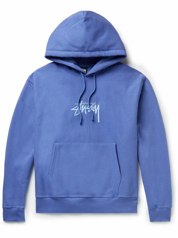 Photo: Stussy - Logo-Embroidered Cotton-Blend Jersey Hoodie - Blue
