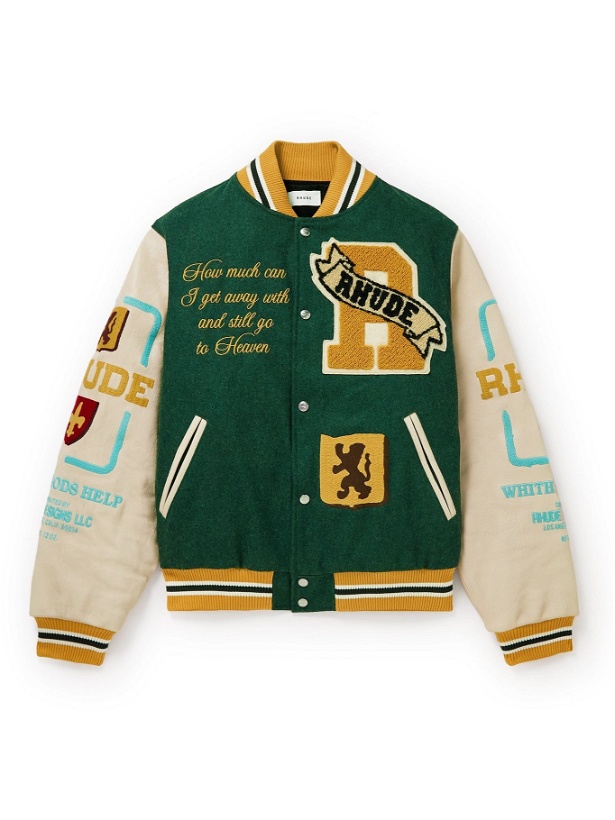 Photo: Rhude - Leather-Trimmed Embroidered Wool-Felt Bomber Jacket - Green
