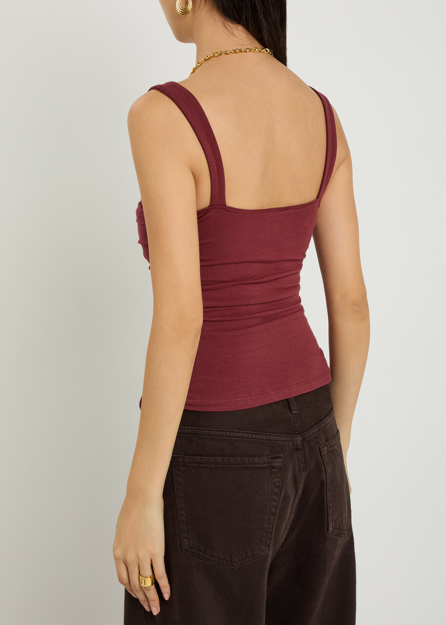 Reformation Trish Ruched Stretch-cotton top Burgundy