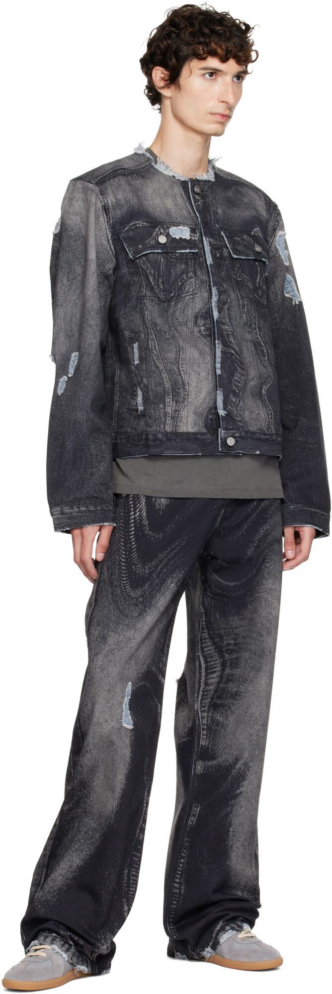 CAMPERLAB Black Distorted Print Distressed Denim Jacket