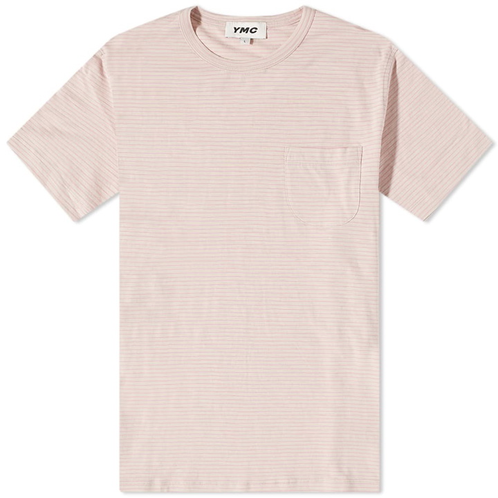 Photo: YMC Men's Wild Ones Striped T-Shirt in Stone/Pink