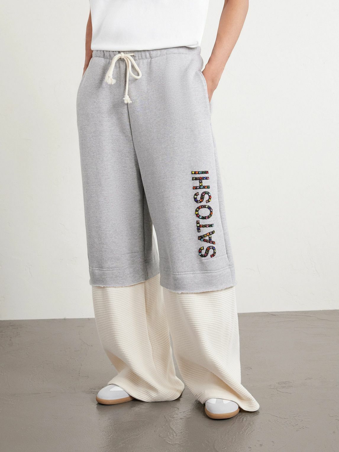 Satoshi Nakamoto - Wide-Leg Logo-Embellished Cotton-Jersey and Waffle-Knit Sweatpants - Gray