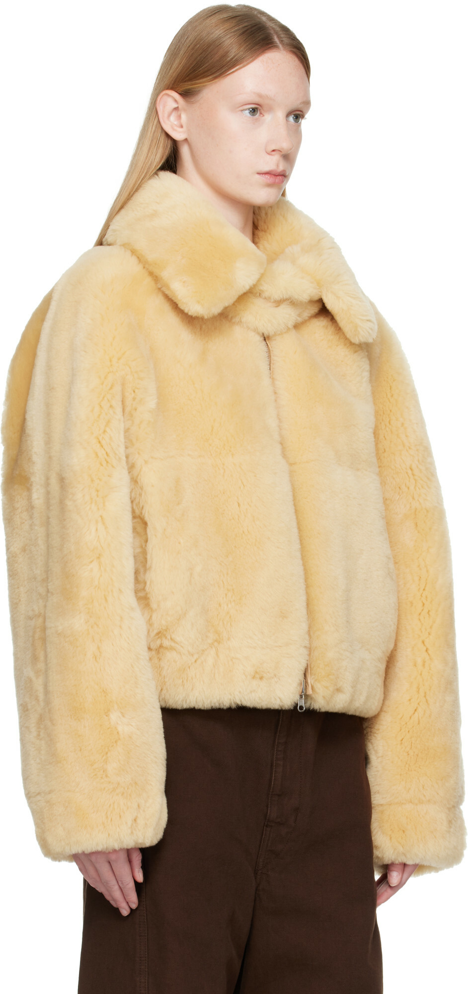 Helmut Lang Beige Reversible Shearling Bomber Jacket