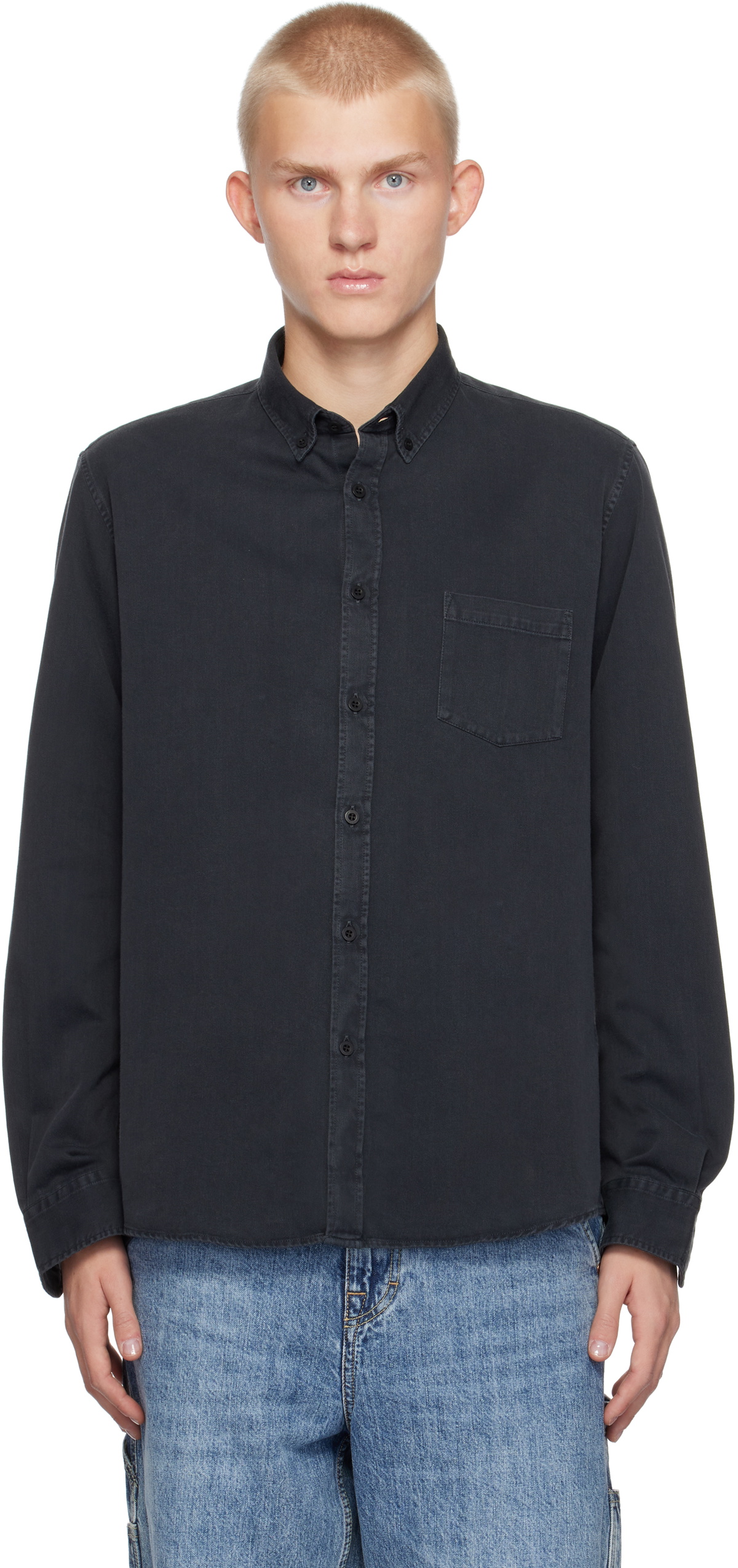 Sunspel Black Button-Down Denim Shirt