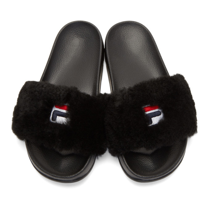 Baja East Black Fila Edition Shearling Drifter Slides Baja East