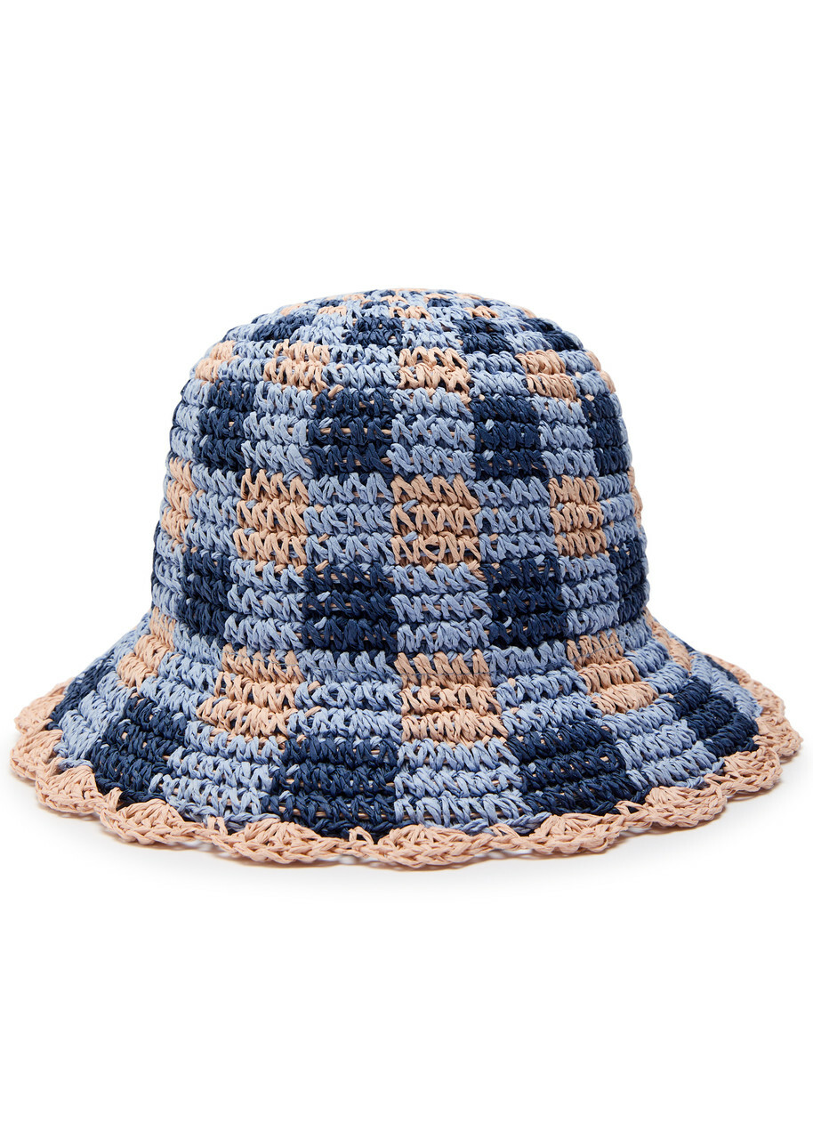 Damson Madder Gingham Straw Crochet Bucket hat - Navy - One Size