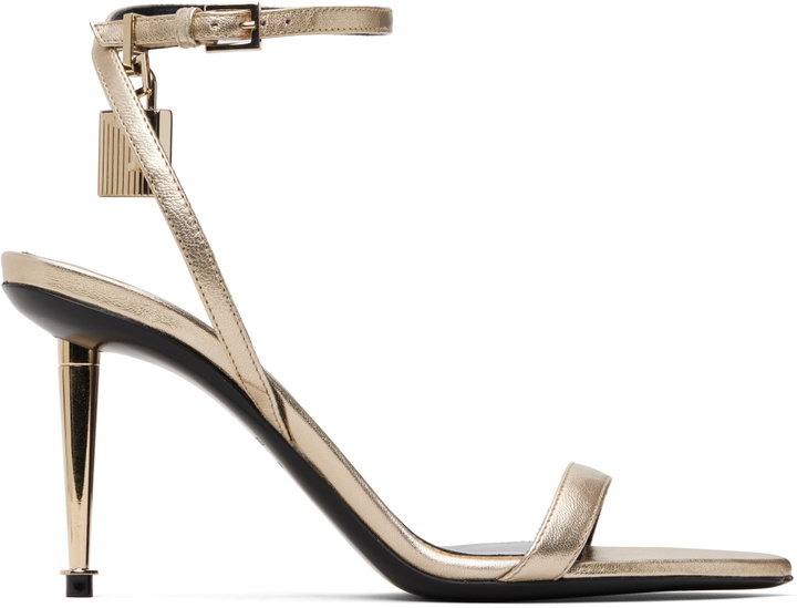 Photo: TOM FORD Gold Laminated Padlock Pointy Naked Heeled Sandals