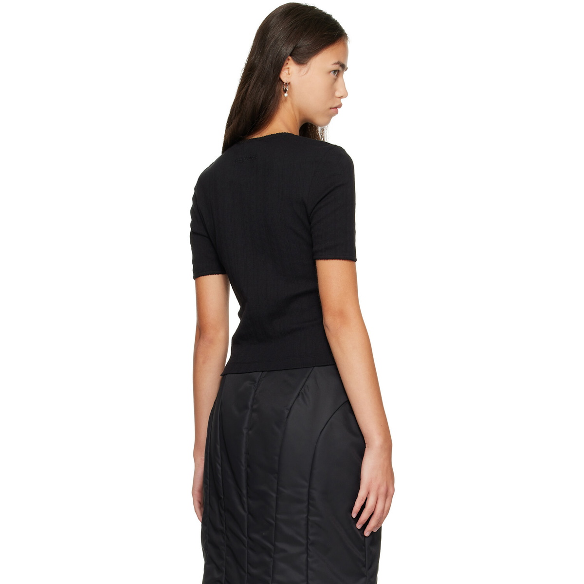 Simone Rocha Black Embellished Cropped Pointelle T-shirt