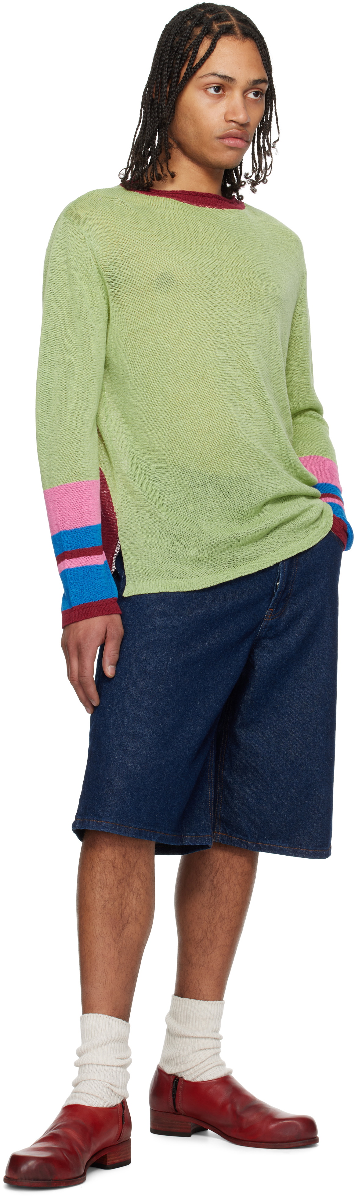 Edward Cuming Green & Red Half Moon Linen Sweater Edward Cuming