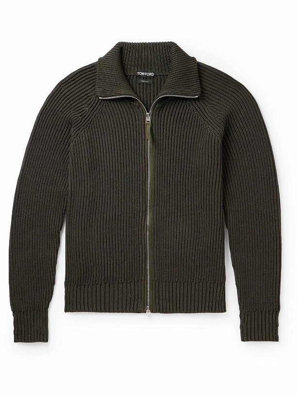 Photo: TOM FORD - Slim-Fit Ribbed Silk and Cotton-Blend Zip-Up Cardigan - Green