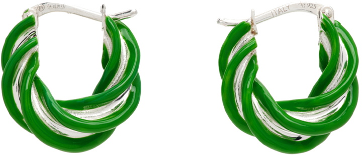 Photo: Bottega Veneta Silver & Green Pillar Twisted Hoop Earrings