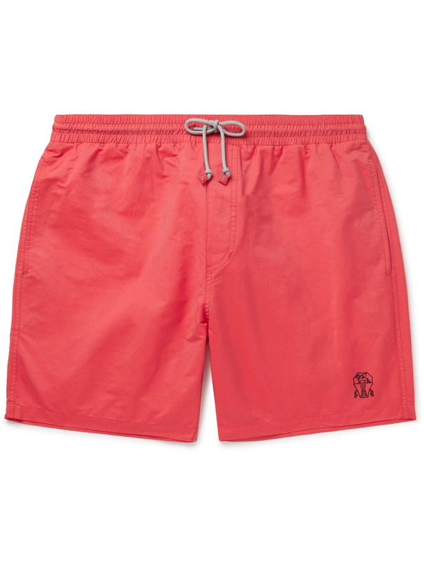 Photo: BRUNELLO CUCINELLI - Mid-Length Logo-Embroidered Swim Shorts - Red