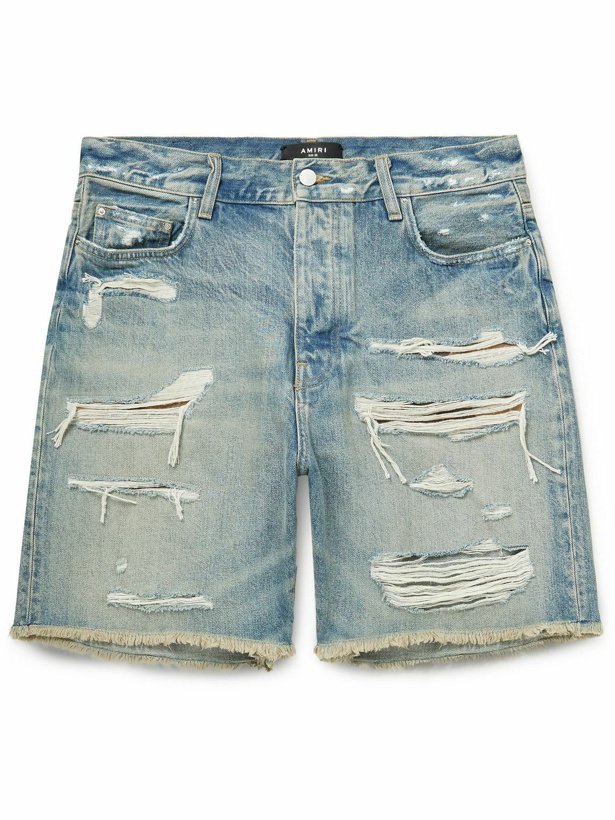 Photo: AMIRI - Wide-Leg Cotton-Panelled Distressed Denim Shorts - Blue