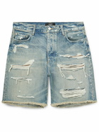 AMIRI - Wide-Leg Cotton-Panelled Distressed Denim Shorts - Blue