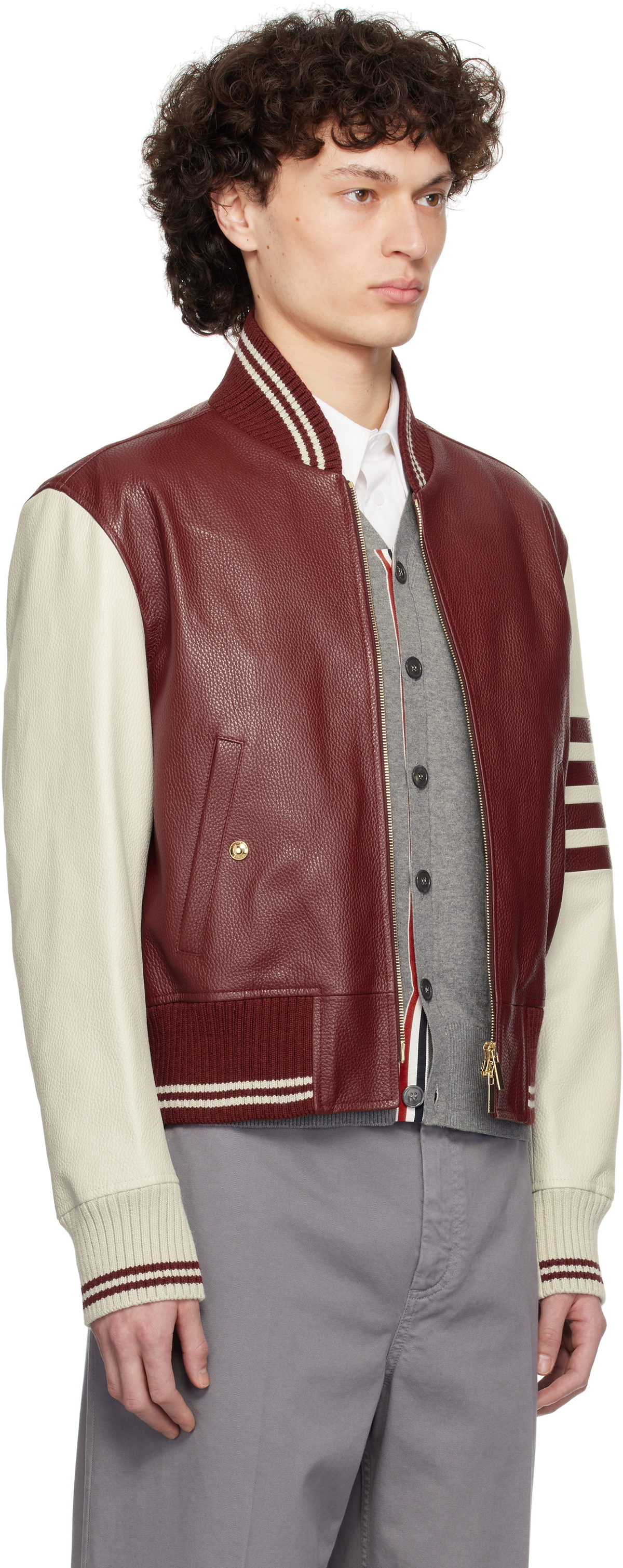 Thom Browne Burgundy & Off-White Classic 4 Bar Leather Bomber Jacket