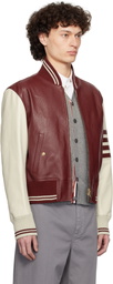 Thom Browne Burgundy & Off-White Classic 4 Bar Leather Bomber Jacket