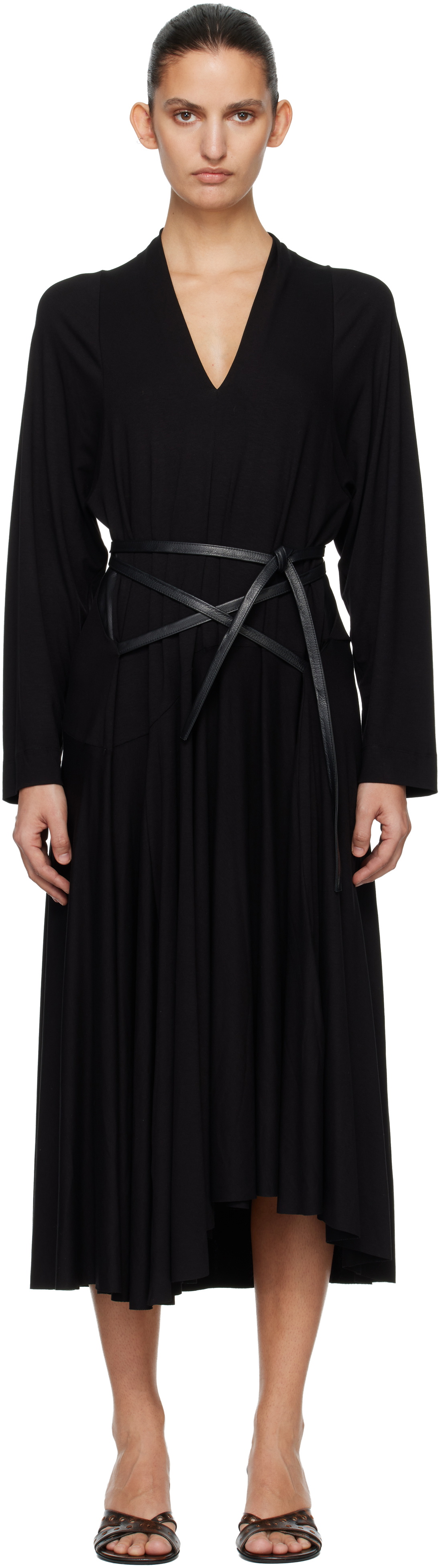 AARON ESH Black Jersey & Leather Wrap Midi Dress