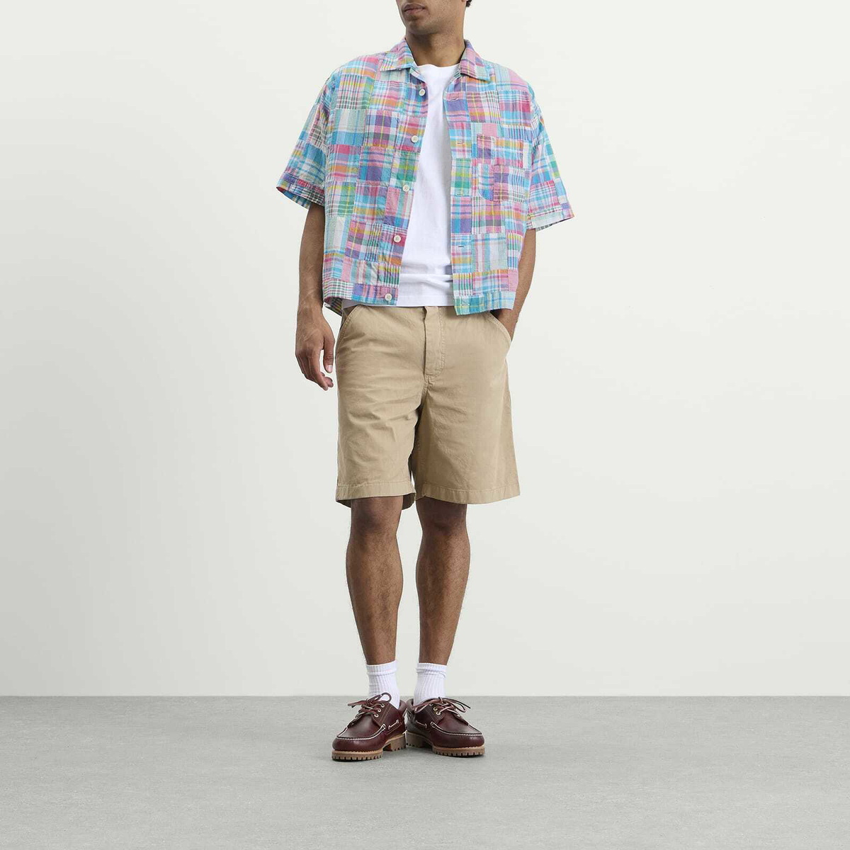 Beams Plus Men's Patchwork Madras Cabana Shirt in Pink