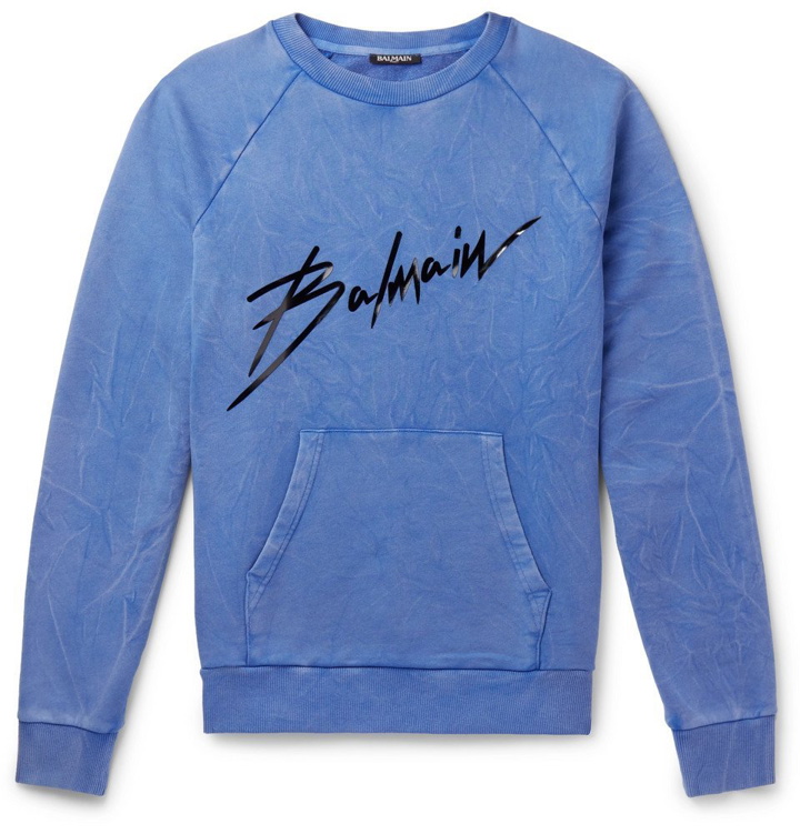 Photo: Balmain - Logo-Print Washed Cotton-Jersey Sweatshirt - Men - Blue