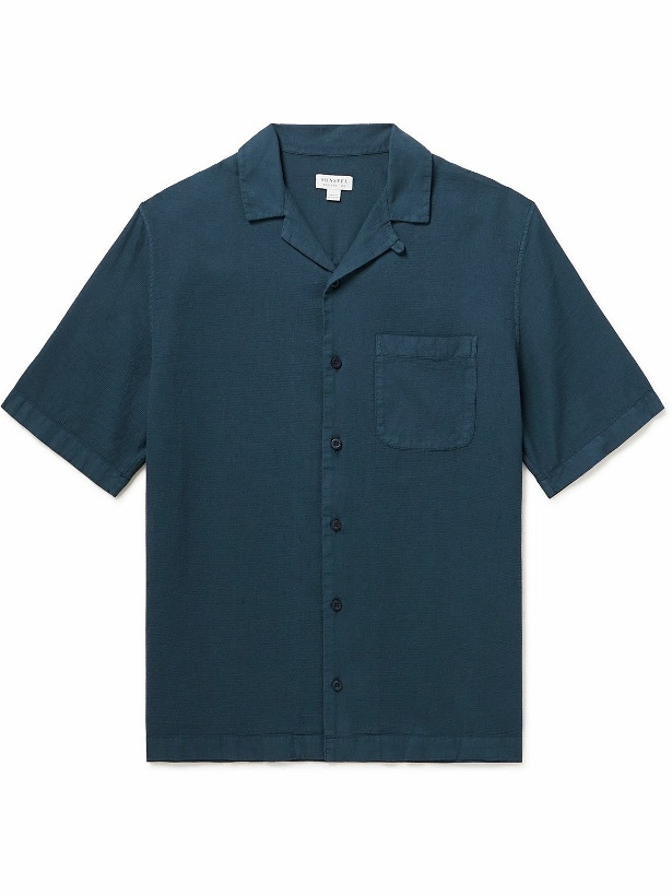 Photo: Sunspel - Camp-Collar Waffle-Knit Cotton Shirt - Blue