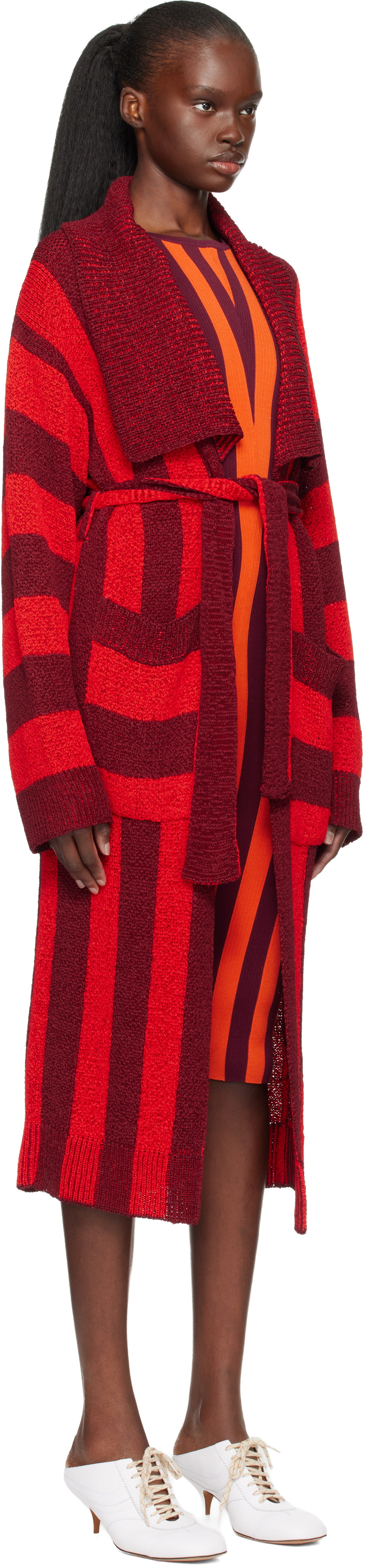 Dries Van Noten Red & Burgundy Loose Belted Cardigan
