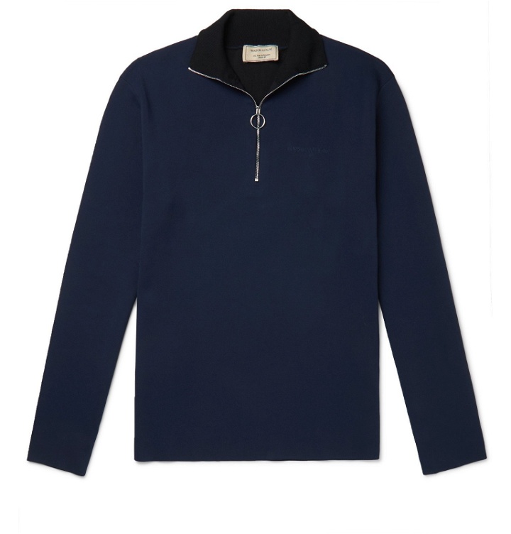 Photo: Maison Kitsuné - Slim-Fit Logo-Embroidered Tech-Jersey Half-Zip Sweatshirt - Blue