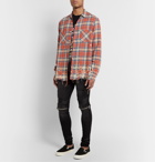 AMIRI - Logo-Appliquéd Distressed Checked Cotton and Linen-Blend Flannel Shirt - Red