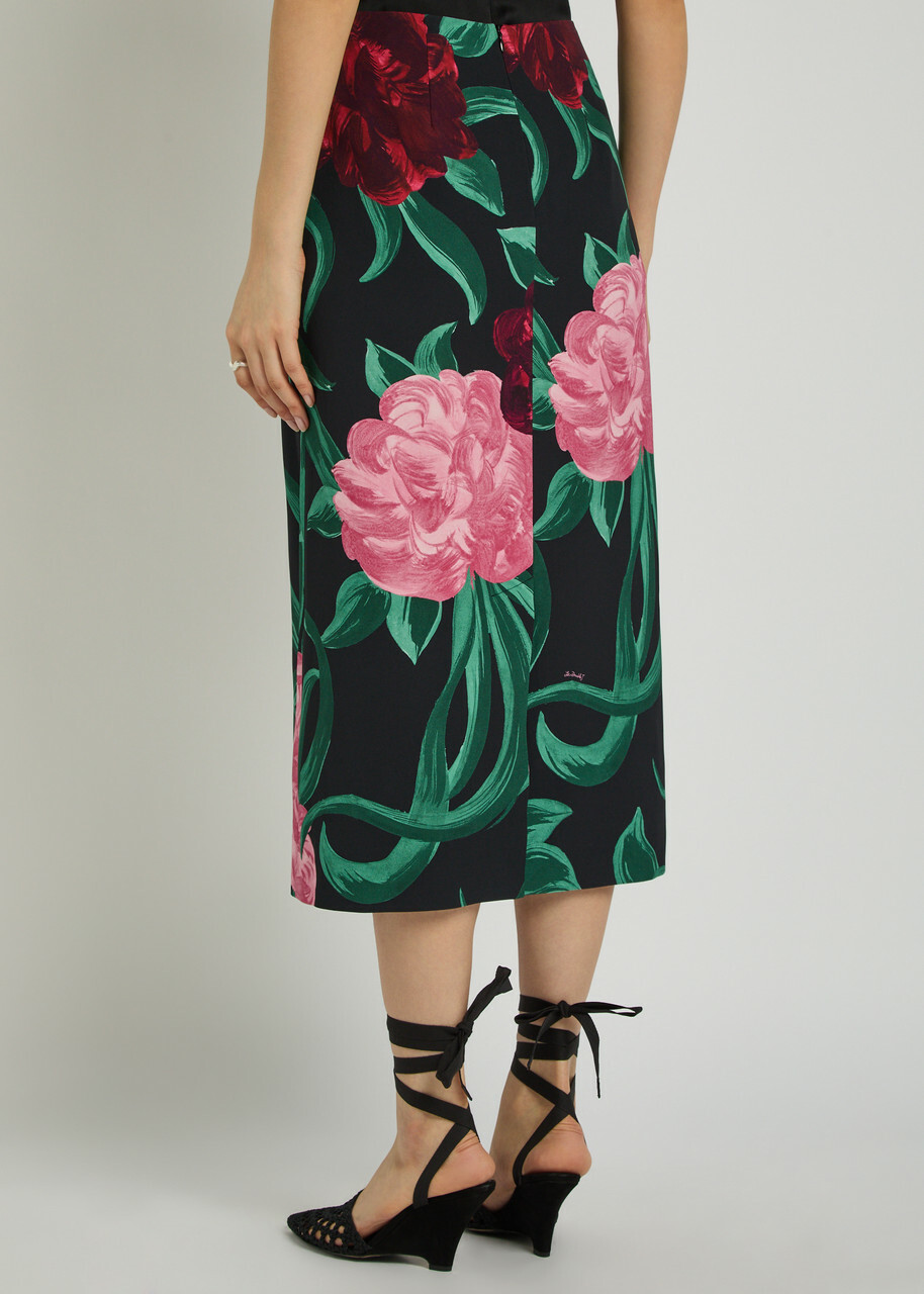LA Double J Floral-print Crepe Midi Pencil Skirt Black