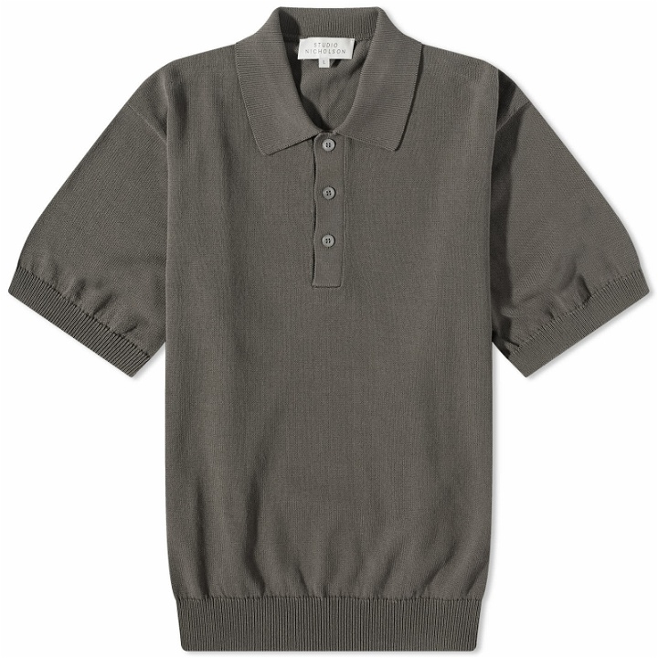 Photo: Studio Nicholson Men's Swing Knit Polo Shirt in Black/Olive