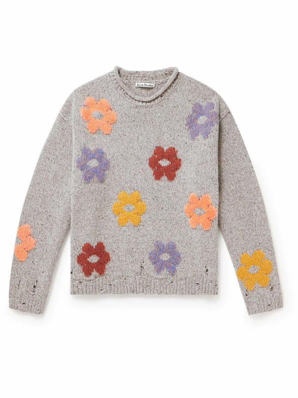 Photo: Acne Studios - Distressed Intarsia Wool-Blend Sweater - Gray