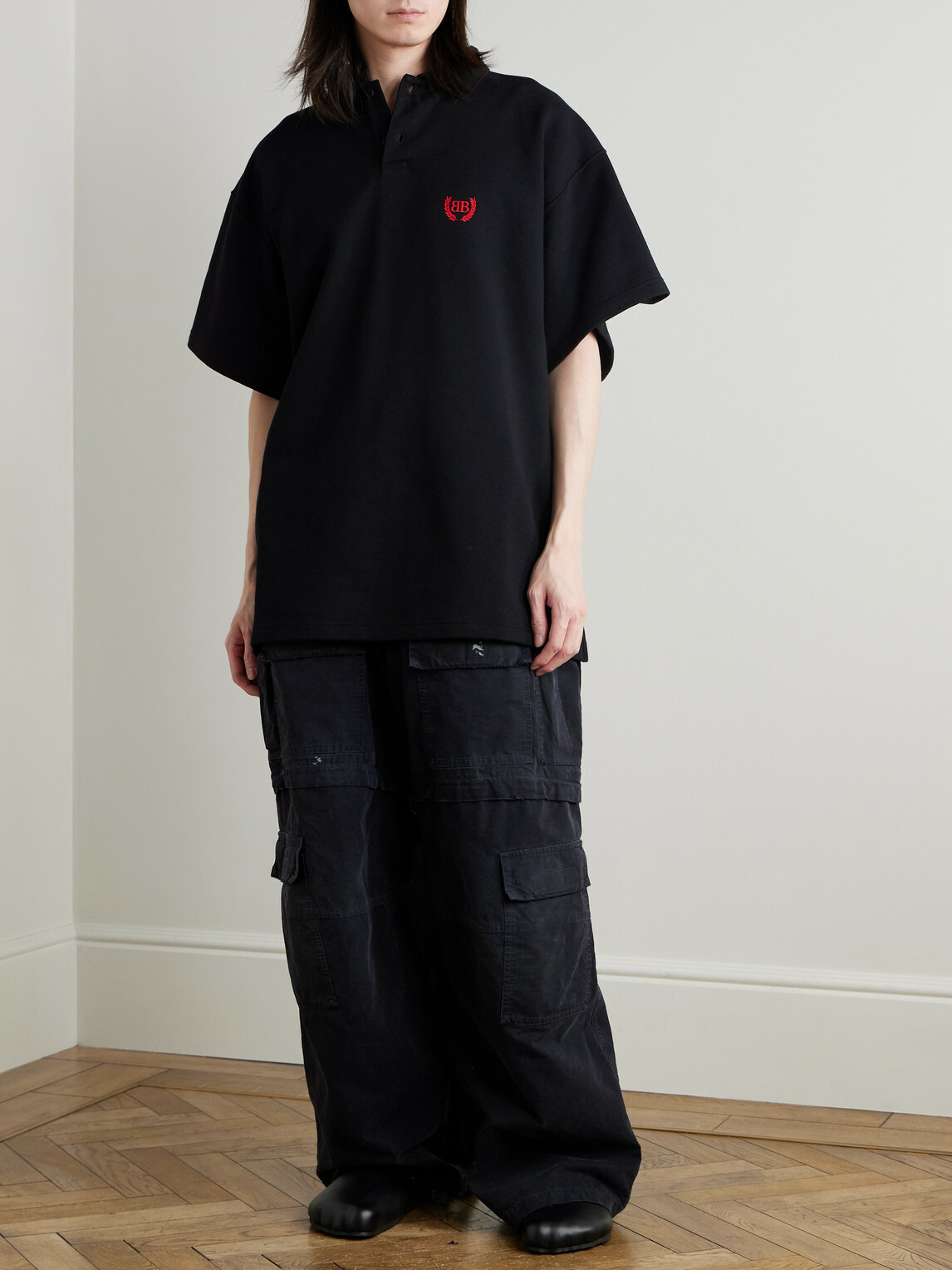 Balenciaga - Oversized Logo-Embroidered Cotton Polo Shirt - Black