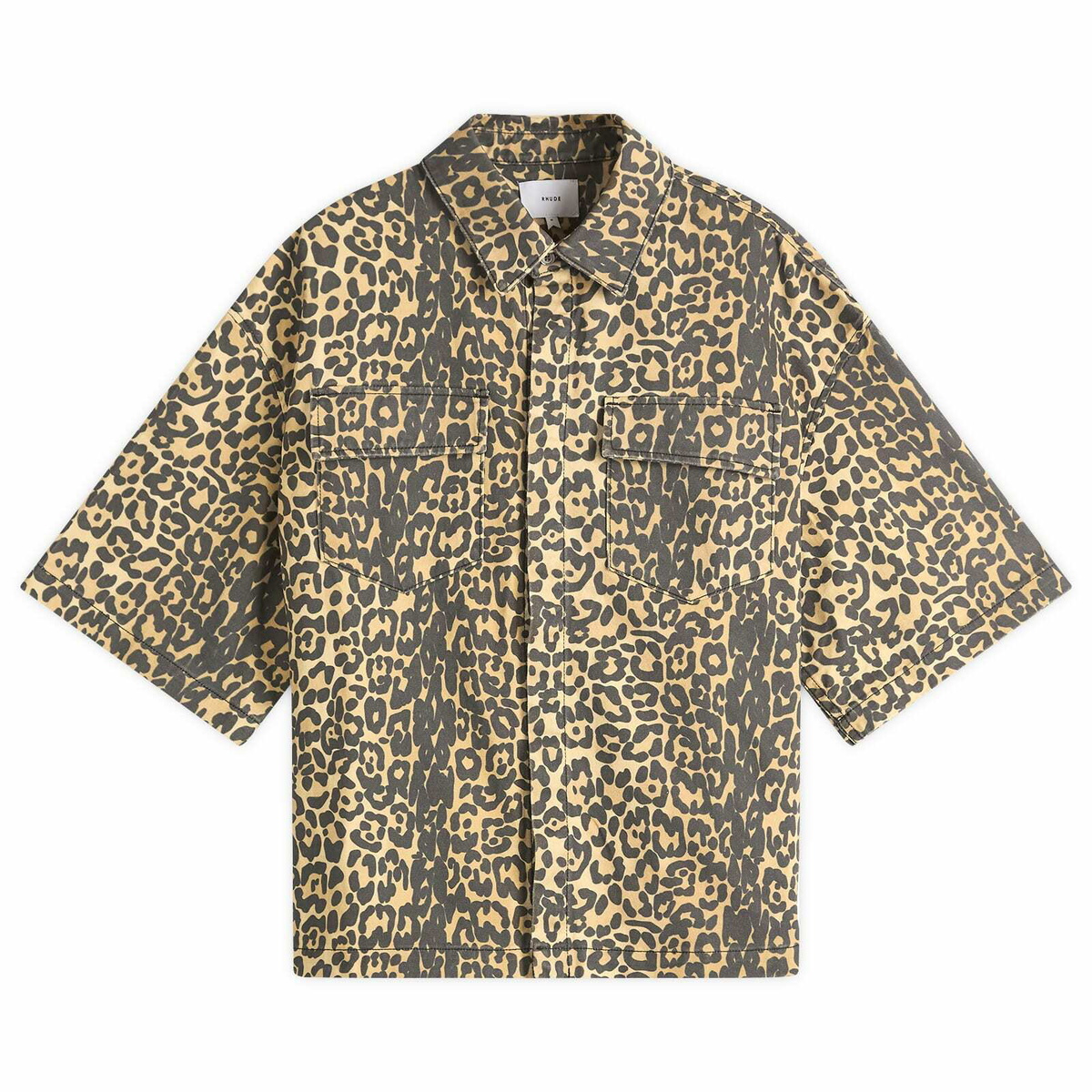 Rhude Men's Leopard Short Sleeve Shirt in Black/Tan