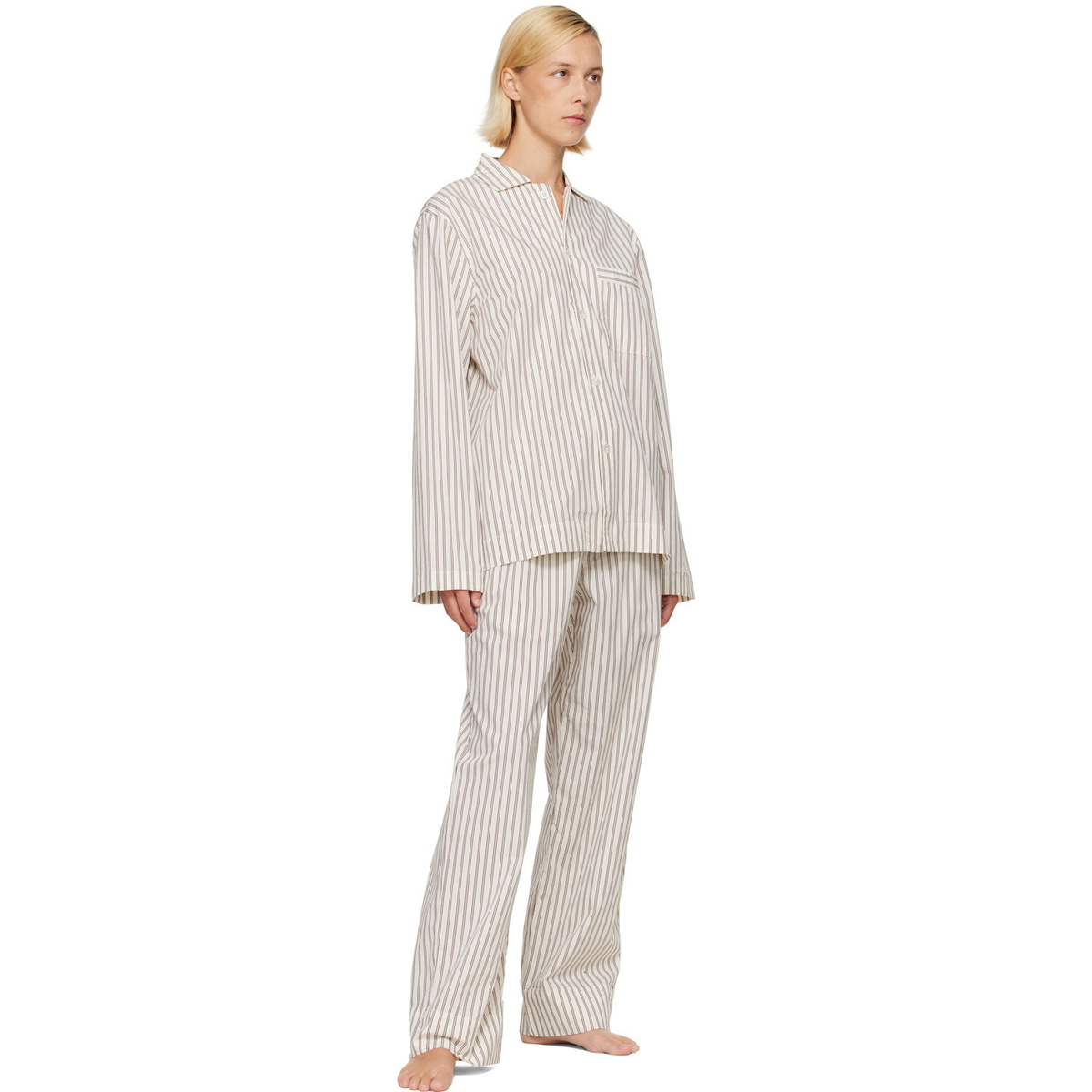 Tekla Off-White & Brown Poplin Long-Sleeved Pyjama Shirt