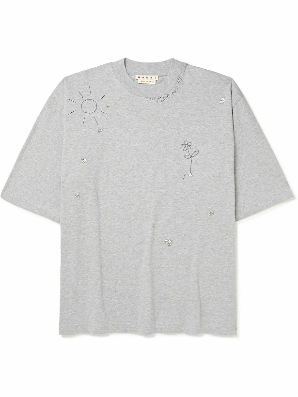 Photo: Marni - Bead-Embellished Embroidered Cotton-Jersey T-Shirt - Gray