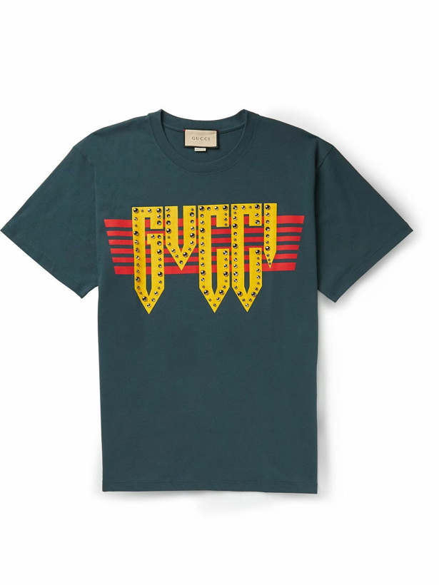 Photo: GUCCI - Studded Logo-Print Cotton-Jersey T-shirt - Blue