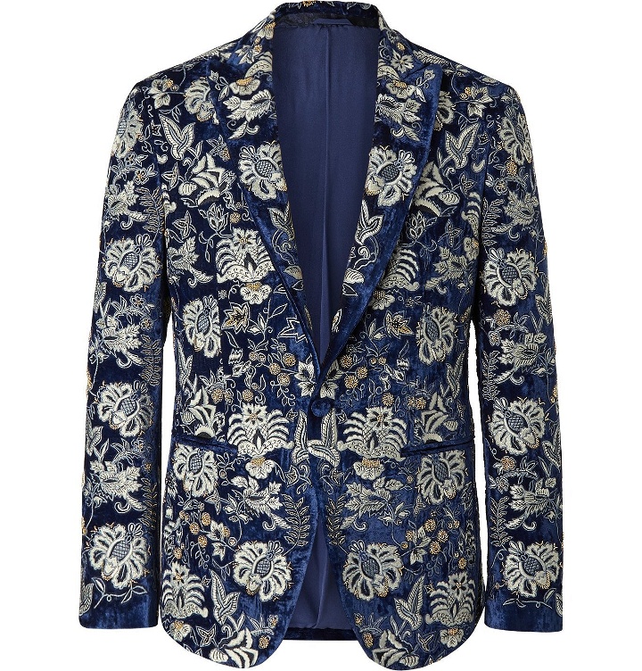 Photo: Etro - Slim-Fit Embellished Velvet Tuxedo Jacket - Blue