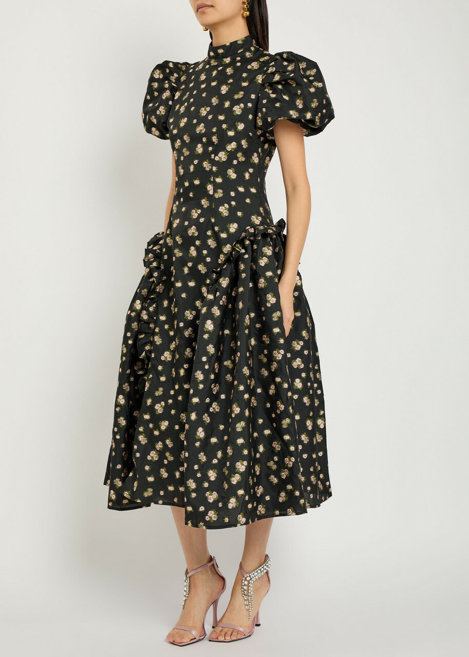 Sister Jane Tea Rose Floral-jacquard Woven Midi Dress Black