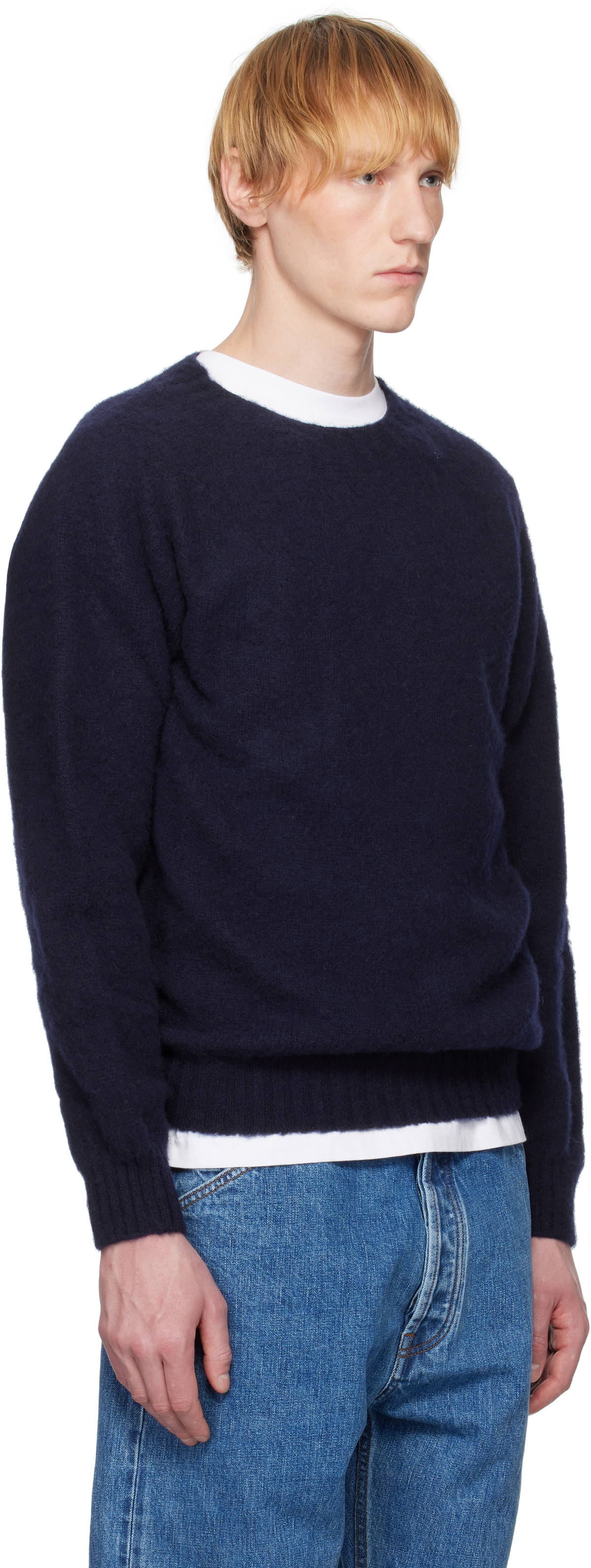 Drake's Navy Brushed Shetland Crew Neck Sweater