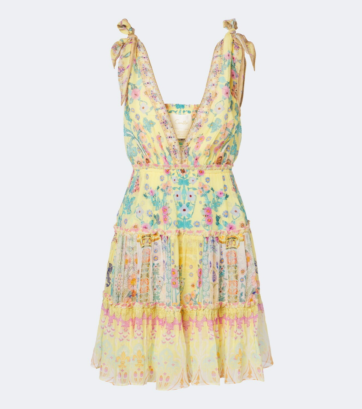 Camilla Floral embellished tiered silk minidress