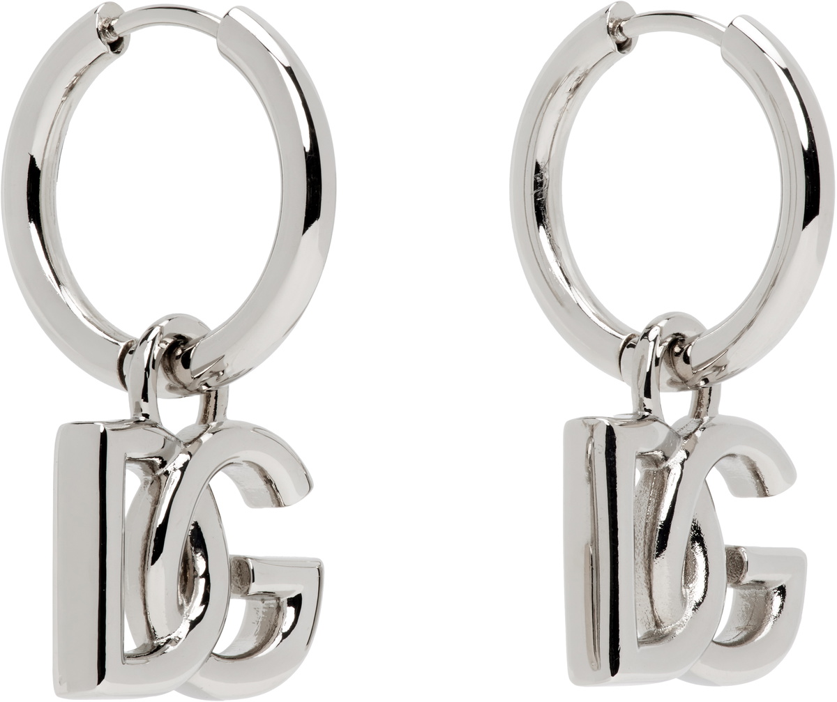 Dolce&Gabbana Silver 'DG' Logo Pendant Hoop Earrings