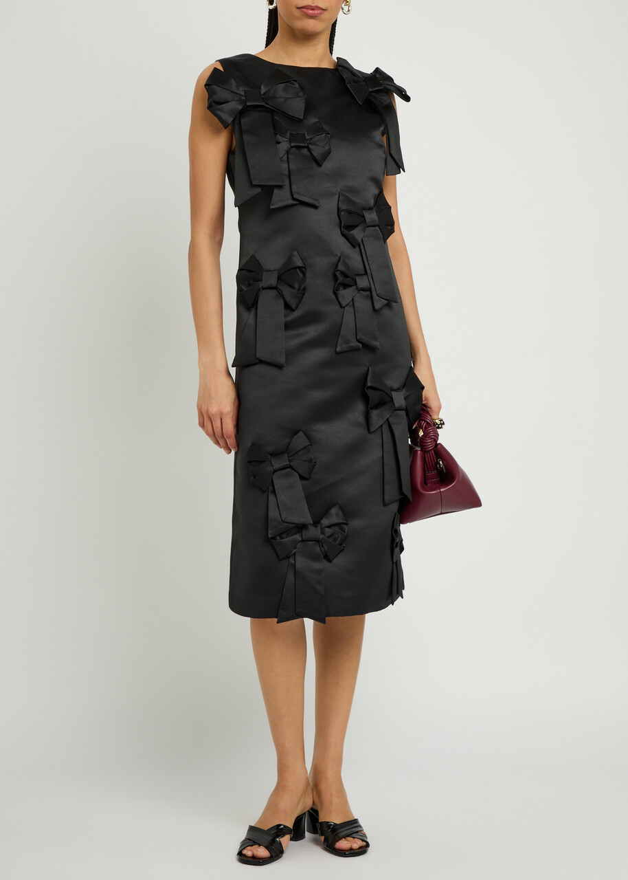 Ganni Bow-appliquéd Satin Midi Dress Black