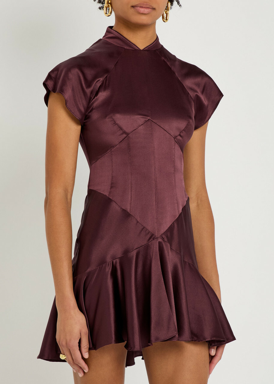 DE LA Vali Alizee Panelled Silk-blend Mini Dress Burgundy