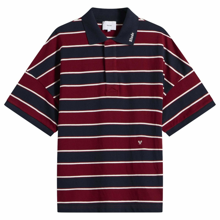 Photo: Rhude Men's Fontaine Striped Polo Shirt in Bordeaux/Blue/White